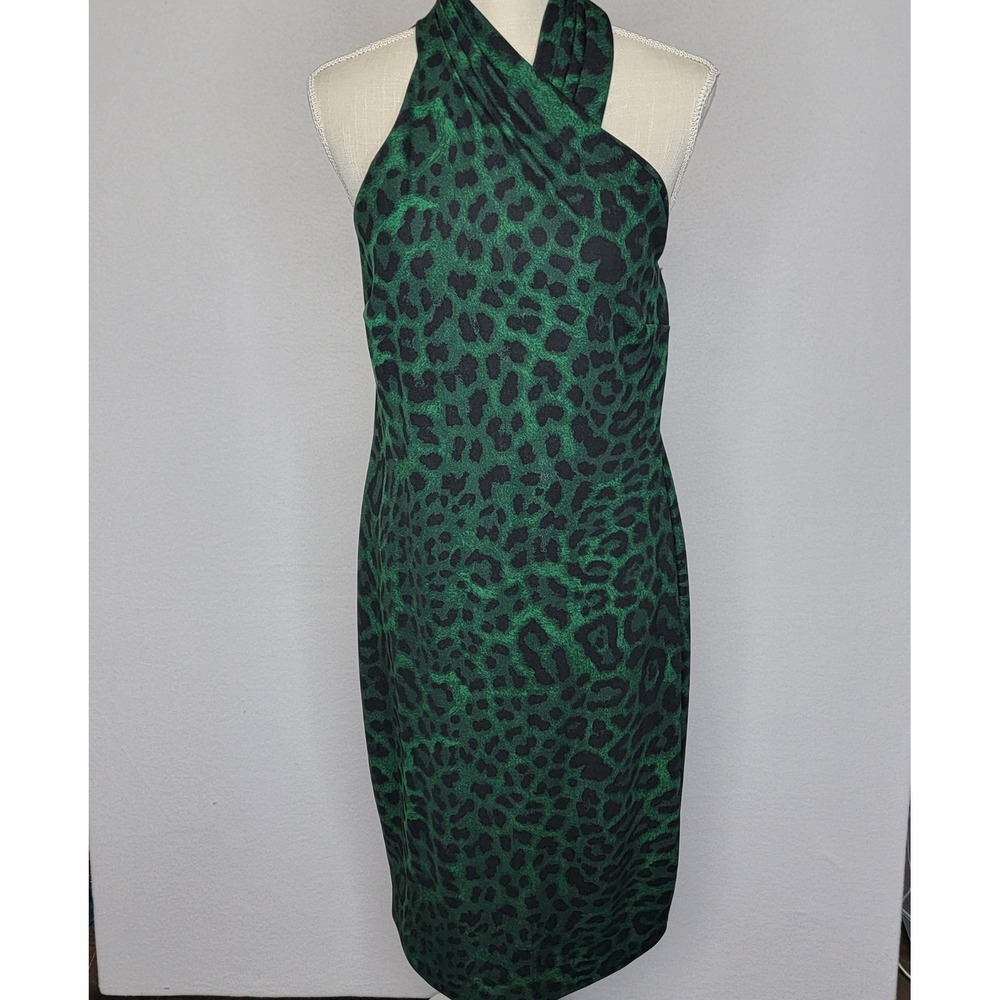 Green Leopard Print Halter Midi Dress Crossover Neck‎ Sheath Sleeveless